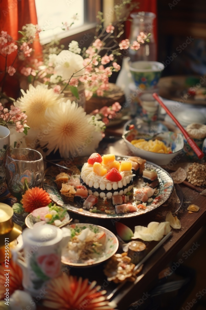 Aufkleber A table adorned with plates of delicious food and beautiful flowers. Perfect for adding an elegant touch to any event or gathering