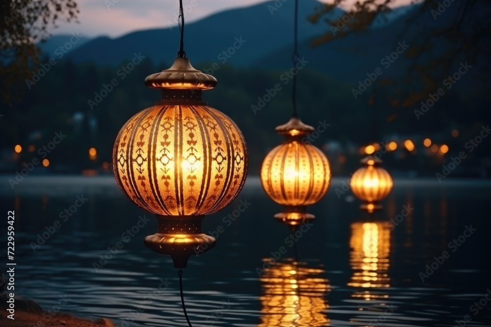 Poster lights hanging over a body of water. can be used to create a magical and enchanting atmosphere