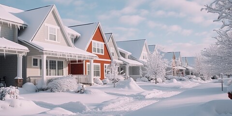 Houses covered in snow on a sunny day. Can be used to depict winter scenery or seasonal holidays - obrazy, fototapety, plakaty