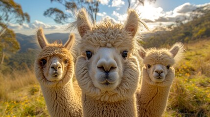 Obraz premium Fluffy Alpacas, Delightful shot of fluffy alpacas with expressive eyes, radiating charm and gentleness.