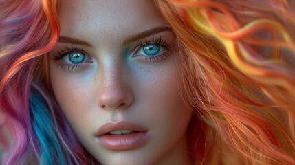 A rainbow colored girl hair, realistic fantasy artwork, richly layered, matte photo, hand-painted details, colorful