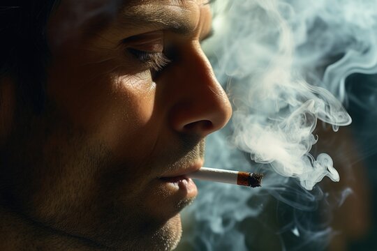 A man is shown smoking a cigarette, with smoke coming out of his mouth. This image can be used to depict addiction, smoking, or relaxation