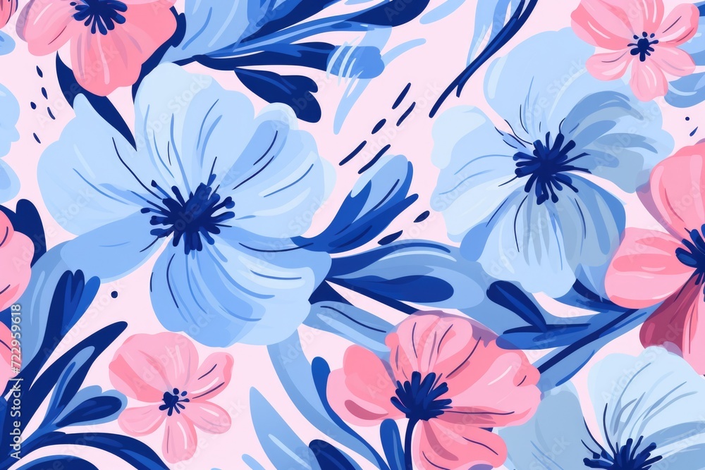 Poster a beautiful pattern of pink and blue flowers on a clean white background. ideal for various design p