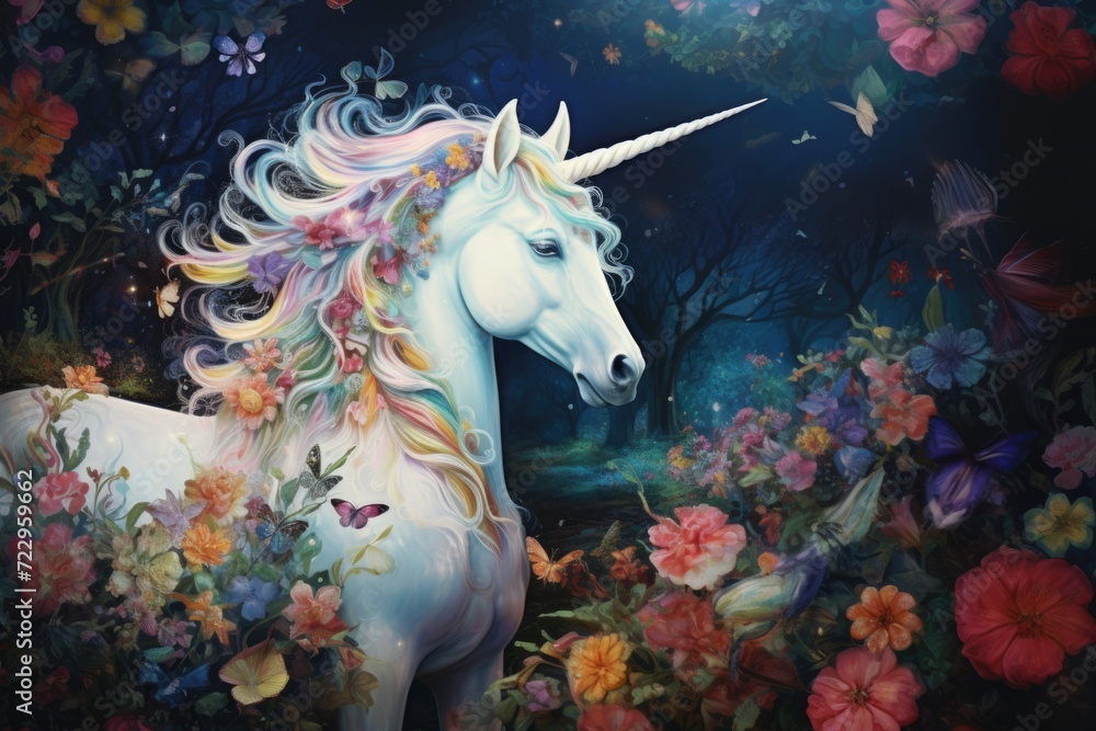 Aufkleber A beautiful painting of a unicorn standing in a field of colorful flowers. Perfect for adding a touch of magic and fantasy to any project