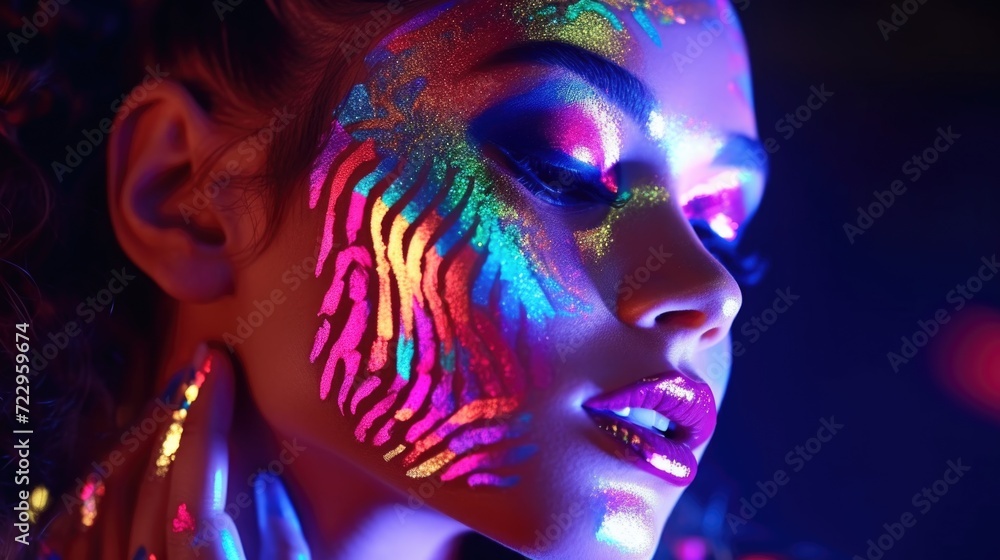 Poster close up of a woman's face with neon paint. versatile image for artistic projects and creative desig