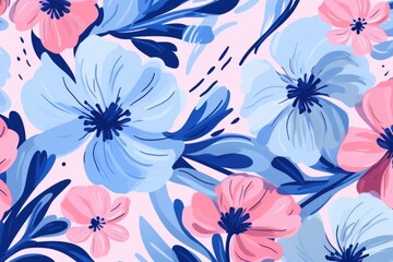 A beautiful pattern of pink and blue flowers on a clean white background. Ideal for various design projects and floral-themed concepts