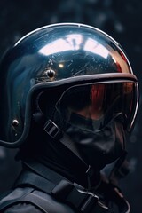 Fototapeta premium A close-up image of a person wearing a motorcycle helmet. This picture can be used to depict safety, motorcycle riding, or extreme sports