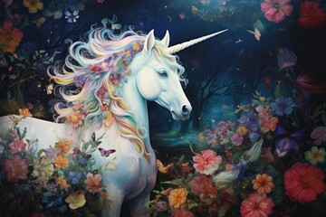 Obraz na płótnie Canvas A beautiful painting of a unicorn standing in a field of colorful flowers. Perfect for adding a touch of magic and fantasy to any project