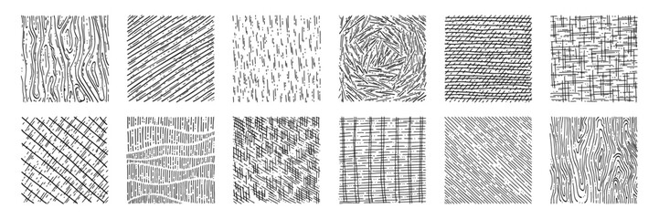 Crosshatch pattern texture set. Hand drawn pencil line. Wood, rain, stripe, hatch organic shape collection. Sketch vector illustration.
