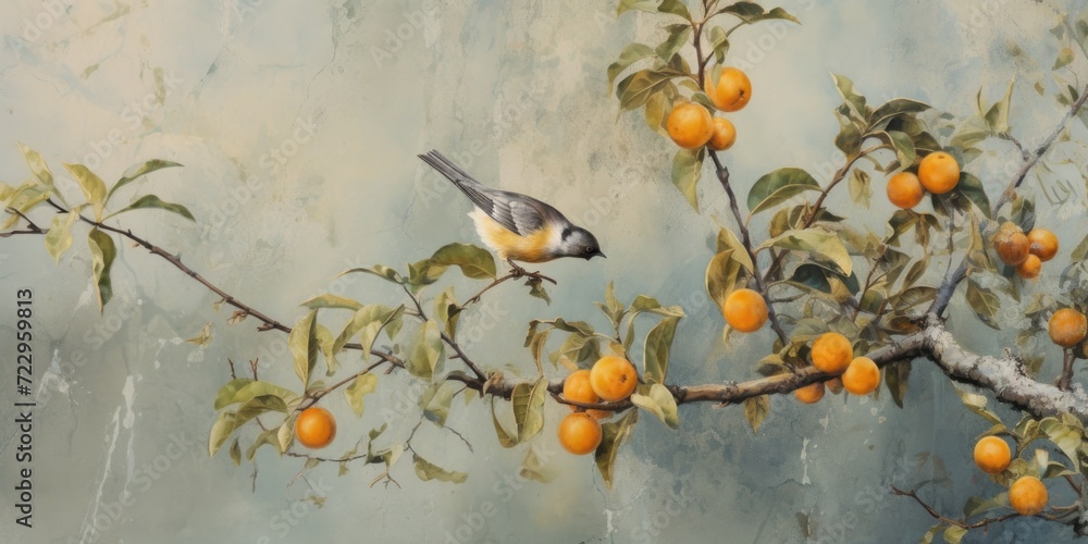 Poster A beautiful painting capturing the image of a bird sitting on a branch of an orange tree. This artwork can be used to add a touch of nature and serenity to any space