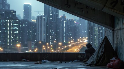 Fototapeta na wymiar Solitary Figure Experiences Homelessness Amidst City Lights