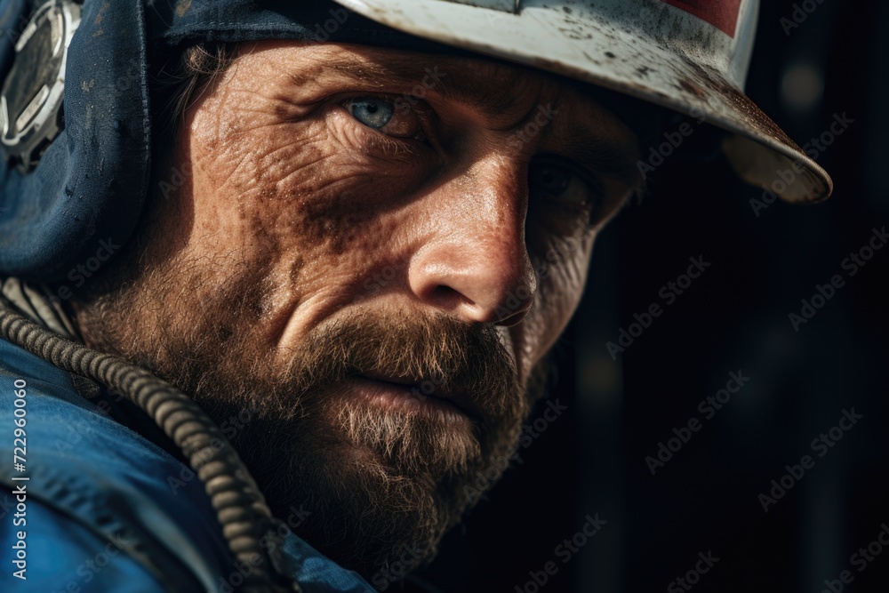 Poster a close-up view of a man wearing a helmet. suitable for various applications