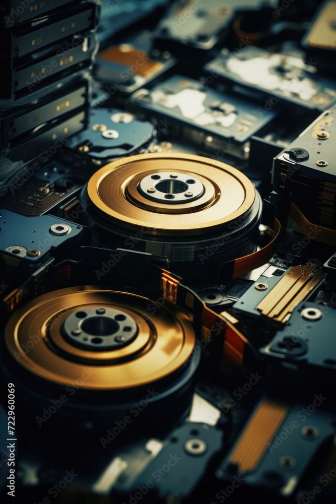 Poster a pile of hard drives sitting on top of each other. perfect for illustrating data storage, technolog