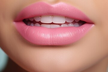 Fototapeta premium A close-up view of a person's mouth with vibrant pink lips. Perfect for beauty, cosmetics, and fashion-related projects
