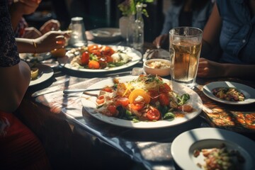A group of people sitting at a table enjoying a meal together. Perfect for illustrating family gatherings, dinner parties, or restaurant scenes