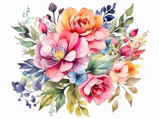 Bouquet of flowers, beautiful, watercolor painting, isolated white background