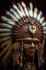 A close up view of a statue featuring a person wearing a headdress. This image can be used to depict cultural heritage or historical significance
