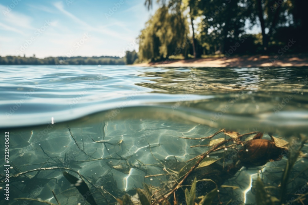 Poster A serene view of a body of water with trees in the background. Suitable for various applications