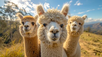 Fototapeta premium Fluffy Alpacas, Delightful shot of fluffy alpacas with expressive eyes, radiating charm and gentleness.