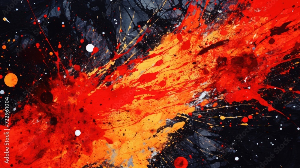 Poster A vibrant painting depicting a dynamic and bold splatter of red and black fire. Perfect for adding a touch of intensity and energy to any space