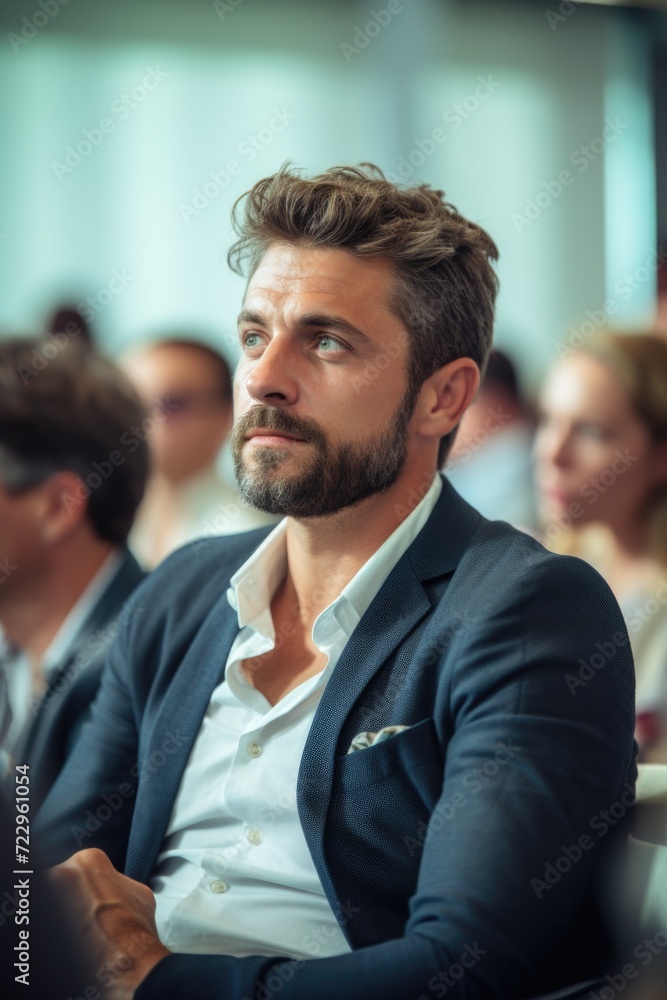 Poster A man with a beard sitting in front of a group of people. This image can be used to represent leadership, teamwork, or a business meeting