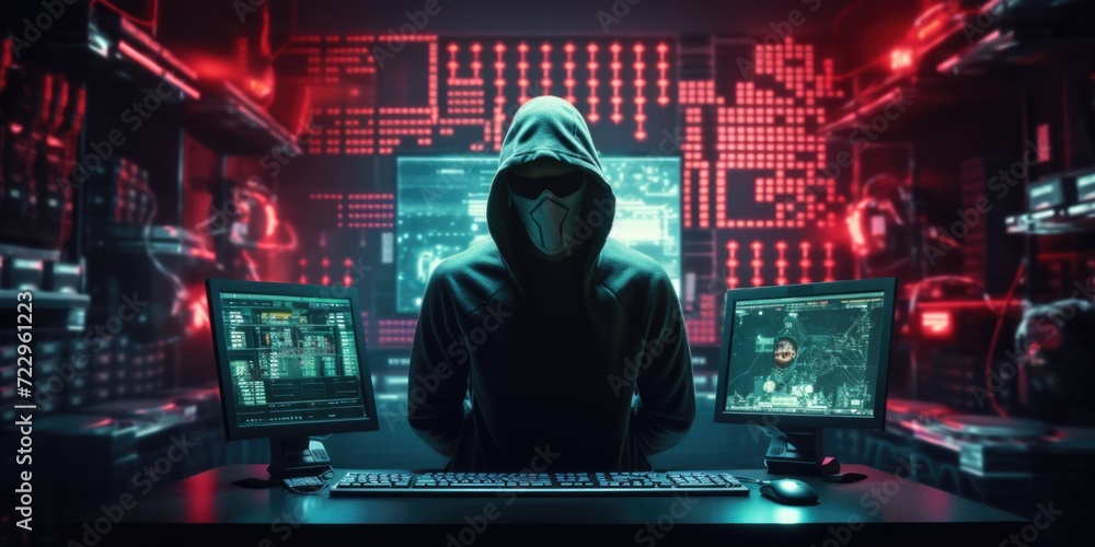 Poster A person wearing a hoodie is seated in front of two computer monitors. This image can be used to depict someone working or coding in a modern office or home setup