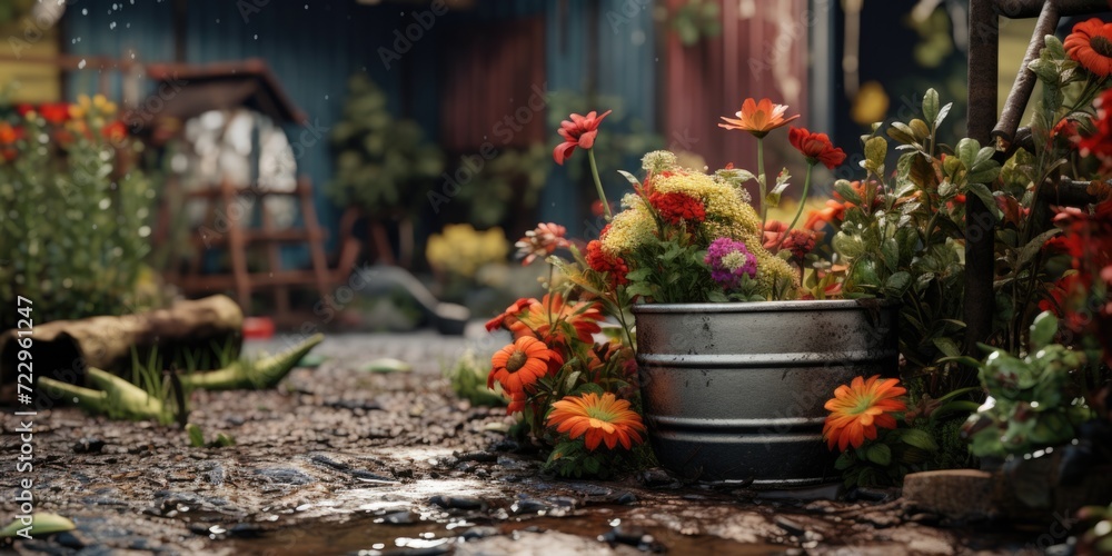 Aufkleber a bucket filled with vibrant flowers sitting on the ground. perfect for adding a touch of color to a
