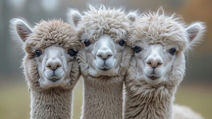Obraz premium Fluffy Alpacas, Delightful shot of fluffy alpacas with expressive eyes, radiating charm and gentleness.