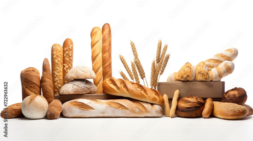 Poster a selection of different types of breads and rolls displayed on a table. perfect for food-related pr