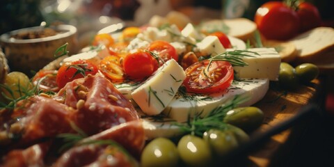 A delicious assortment of cheese, tomatoes, olives, and bread. Perfect for appetizers or a charcuterie board.