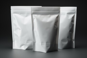 Three white pouches of food sitting on a table. Ideal for food packaging or product branding
