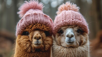 Fototapeta premium Fluffy Alpacas, Delightful shot of fluffy alpacas with expressive eyes, radiating charm and gentleness.