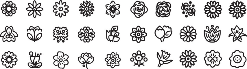 set of flowers icons black and white 