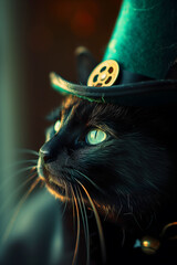 Black cat with a leprechaun hat for St. Patrick's Day celebration.