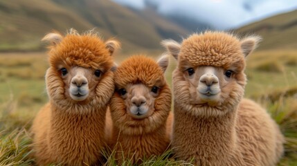 Fototapeta premium Fluffy Alpacas, Delightful shot of fluffy alpacas with expressive eyes, radiating charm and gentleness.