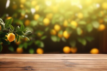 wooden tabletop against a background of defocused trees