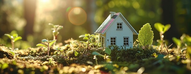 Miniature Dream Home Amidst Lush Greenery in Morning Light - obrazy, fototapety, plakaty