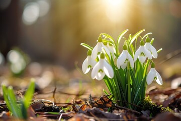 white snowdrop flowers bloom outdoors with sunlight .