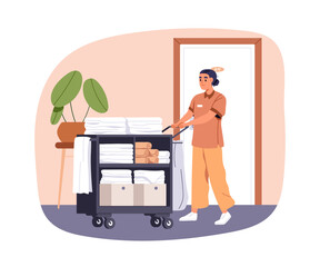 Hotel maid pushing trolley with clean towels, linen for room service. Hostel worker with cart, laundry for cleaning. Chambermaid in uniform. Flat vector illustration isolated on white background