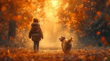 An 10-year-old girl walks through a fairy-tale forest next to a little dog, looking at the camera, background, fantastic, pastel colors - obrazy, fototapety, plakaty