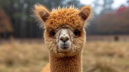 Fototapeta premium Fluffy Alpacas, Delightful shot of fluffy alpacas with expressive eyes, radiating charm and gentleness.