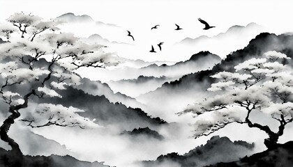 black and white background with lanscape trees and mountains and birds