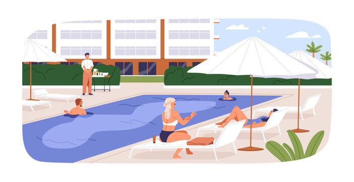 Summer water pool at hotel. People relaxing, resting, sunbathing on deckchairs, swimming outdoors. Tourists recreation at vacation, holiday. Flat vector illustration isolated on white background