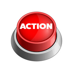 Action red button on white background raster illustration. Concept illustration. Hand drawn color raster illustration.