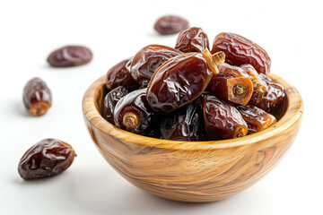 dry fruits set with dates on a wooden platter and box