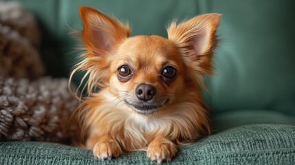 Photo of a cute chihuahua on a dark green couch