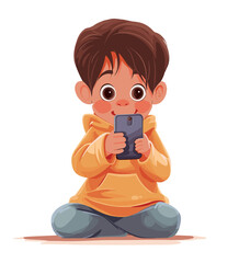 Little boy holding a smart phone in the hands and looking in its screen, modern kids and childhood, flat design vector illustration, generative ai