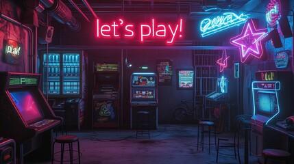 Let's Play Colorful Neon Lettering Cyberpunk Style. Banner illustration for gamers and streamers.