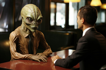 An alien is interviewing a businessman. Generated by artificial intelligence