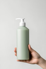 A close-up view of a person holding a minimalistic green pump dispenser bottle, possibly containing skincare or hygiene product, showcased against a plain, light background.